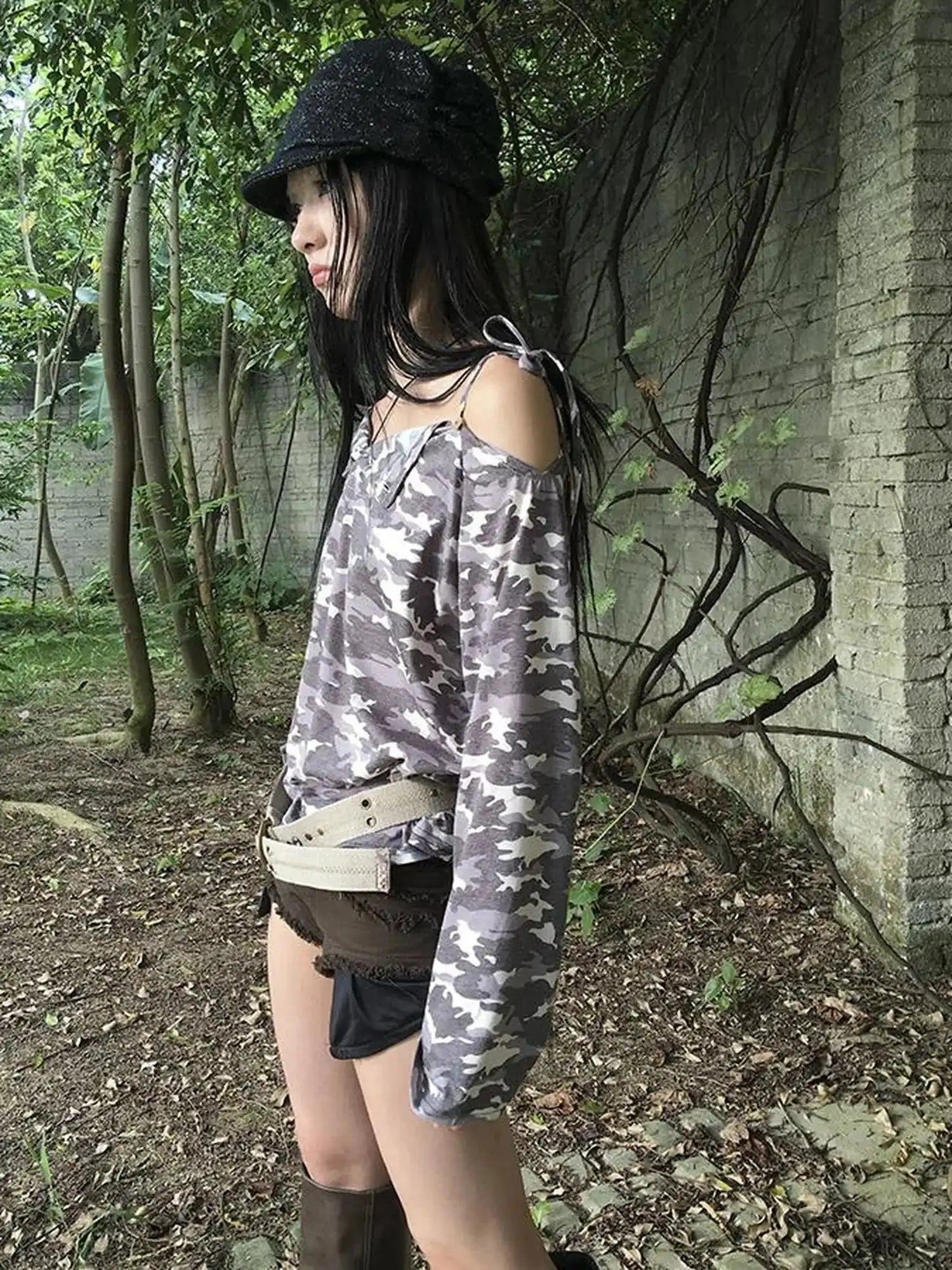 Distressed Camo Asymmetric Slit V Neck Long Sleeve T Shirt