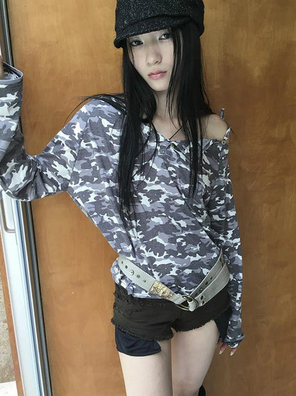 Distressed Camo Asymmetric Slit V Neck Long Sleeve T Shirt