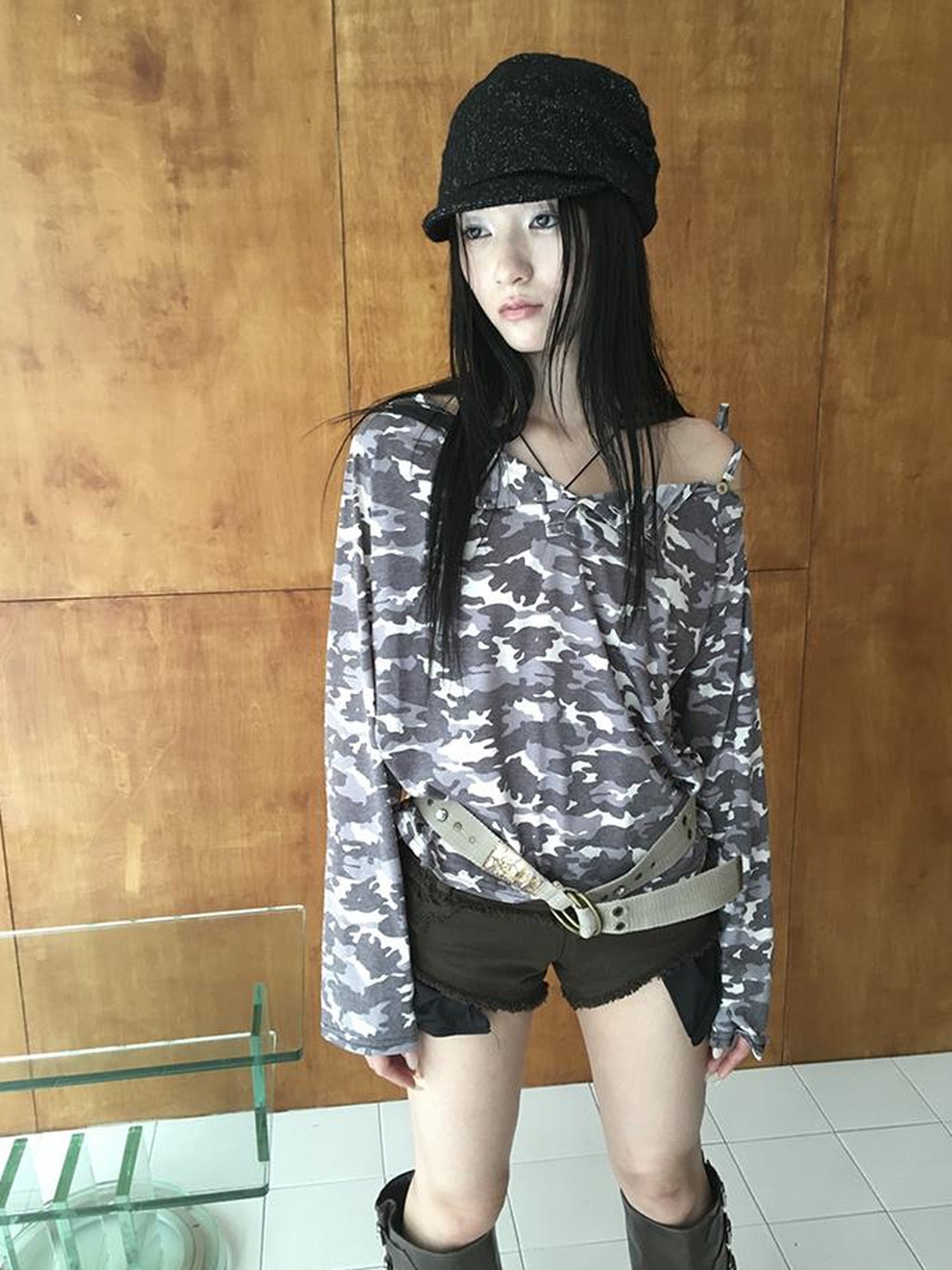 Updateang project Distressed Camo Asymmetric Slit V Neck Long Sleeve T Shirt