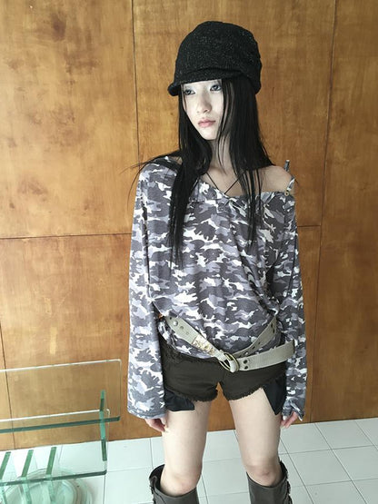 Updateang project Distressed Camo Asymmetric Slit V Neck Long Sleeve T Shirt