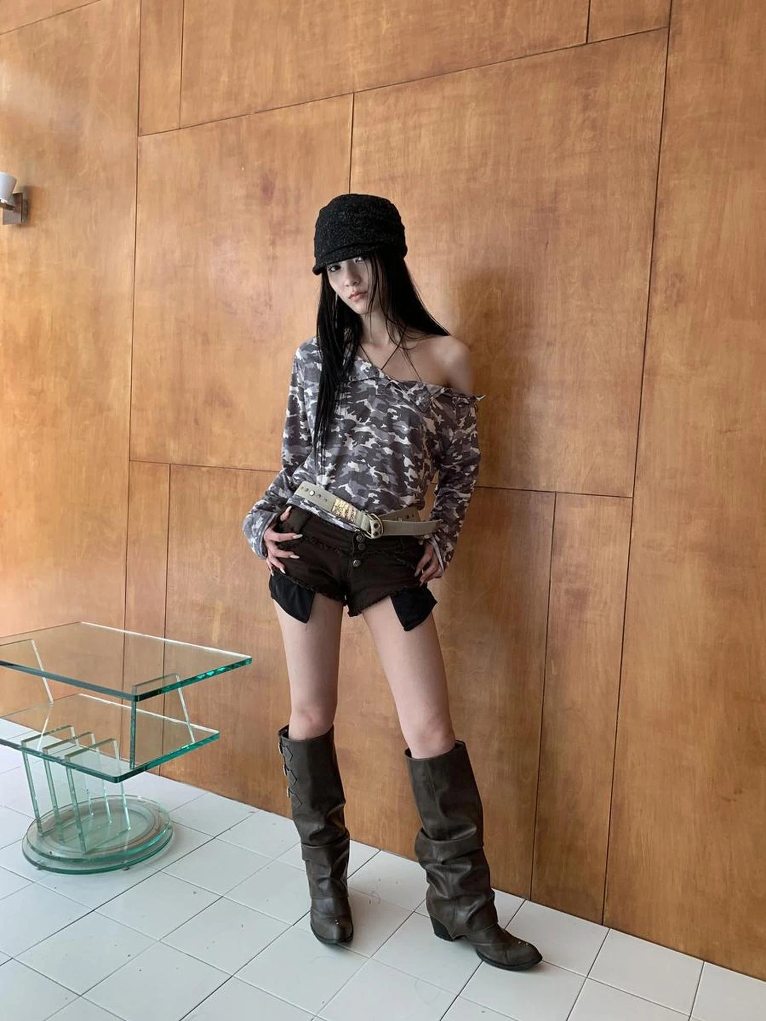 Distressed Camo Asymmetric Slit V Neck Long Sleeve T Shirt