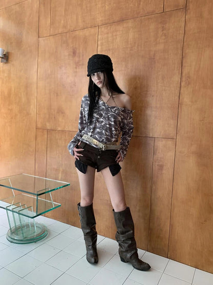 Distressed Camo Asymmetric Slit V Neck Long Sleeve T Shirt