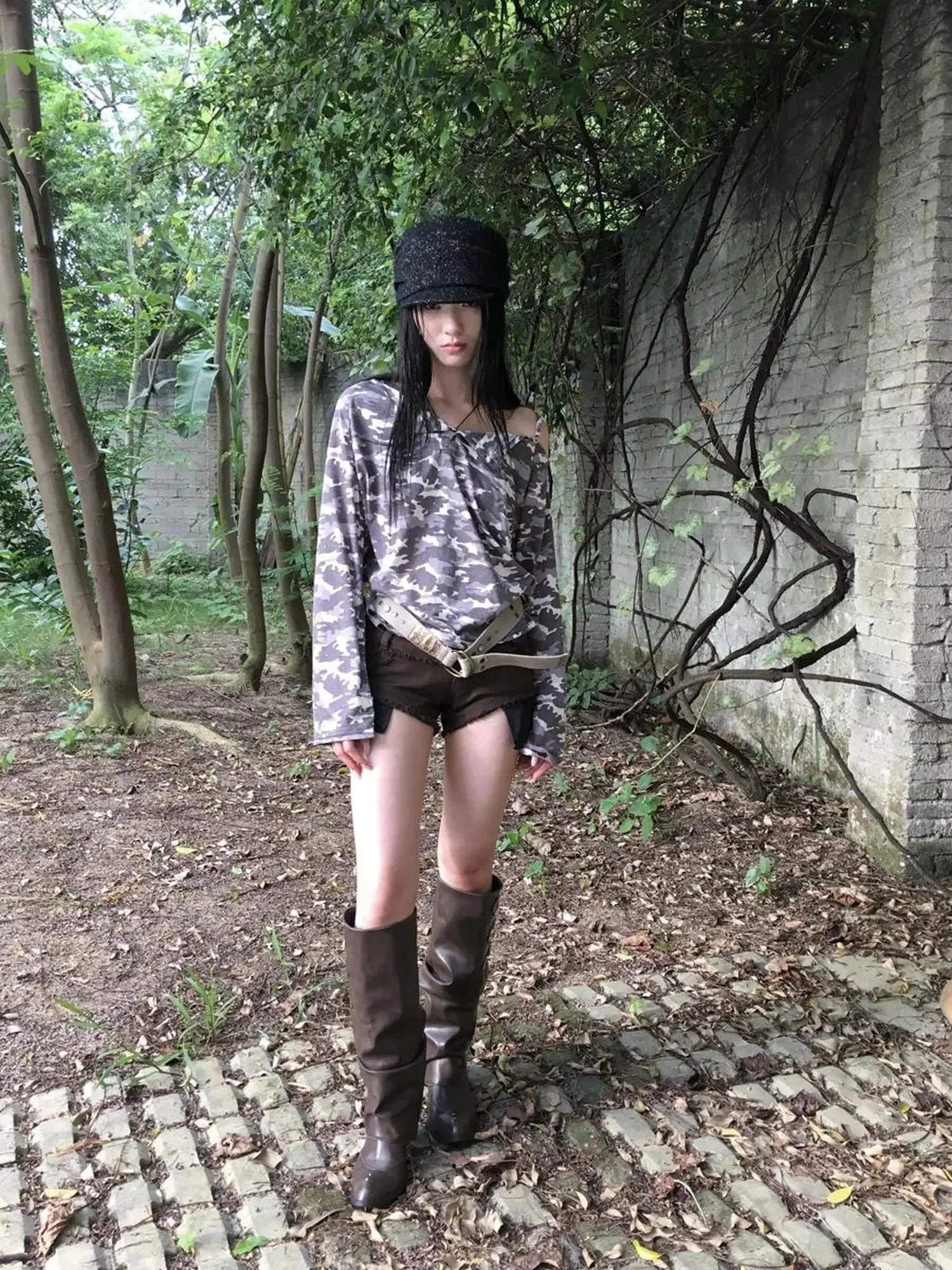 Distressed Camo Asymmetric Slit V Neck Long Sleeve T Shirt