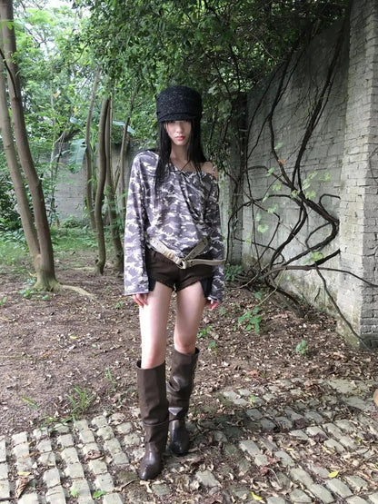 Distressed Camo Asymmetric Slit V Neck Long Sleeve T Shirt