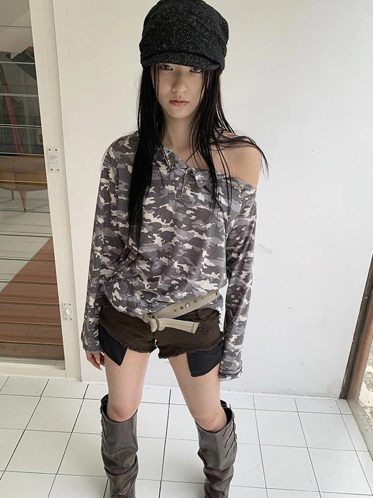 Distressed Camo Asymmetric Slit V Neck Long Sleeve T Shirt