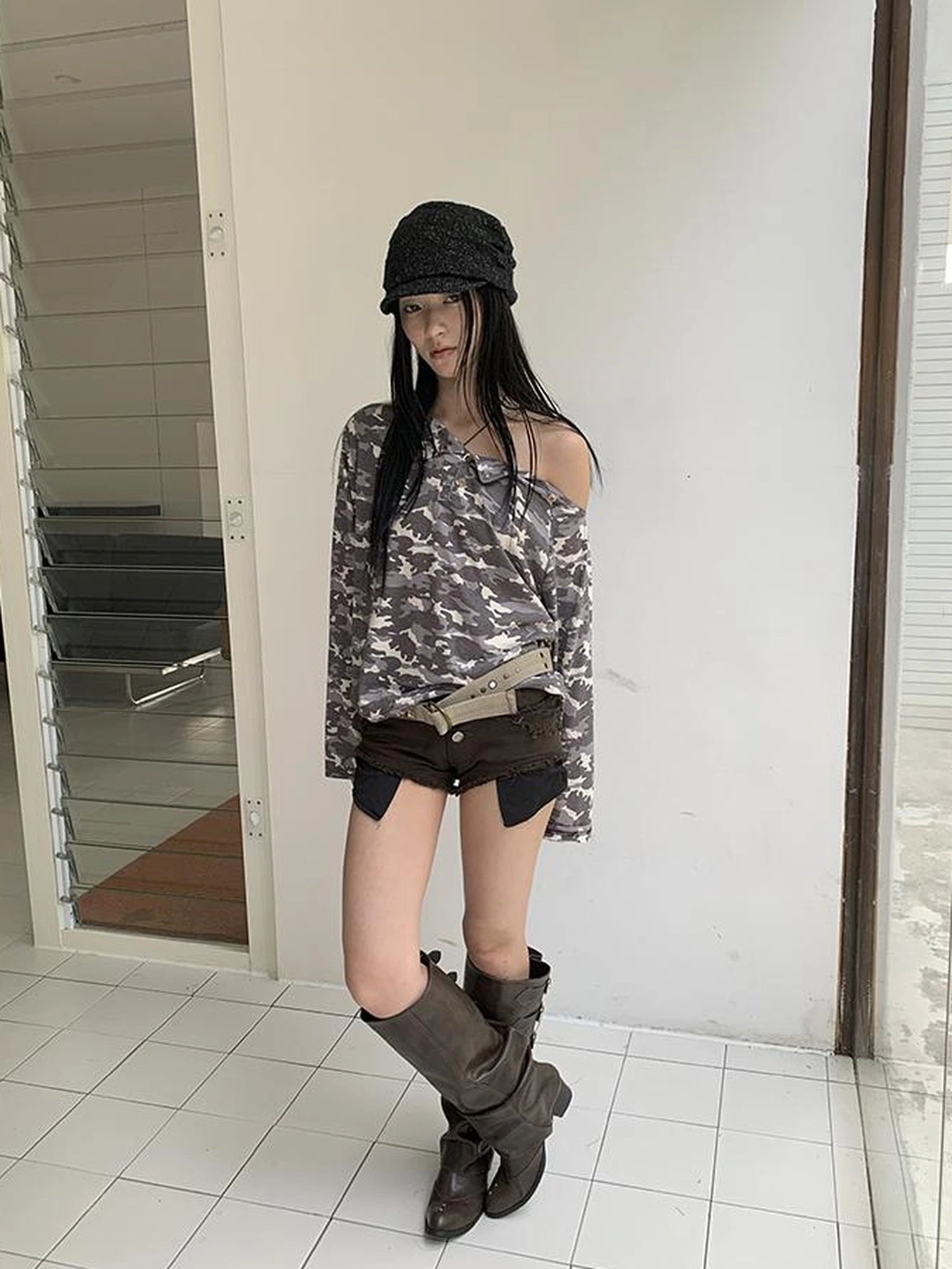 Distressed Camo Asymmetric Slit V Neck Long Sleeve T Shirt