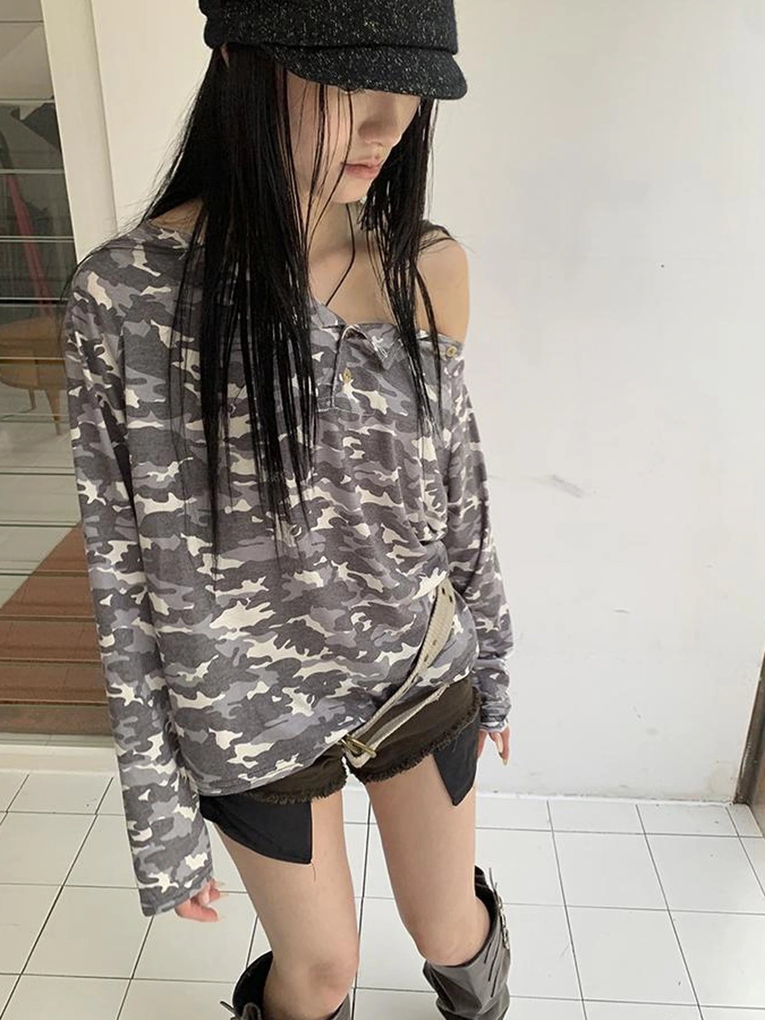 Distressed Camo Asymmetric Slit V Neck Long Sleeve T Shirt