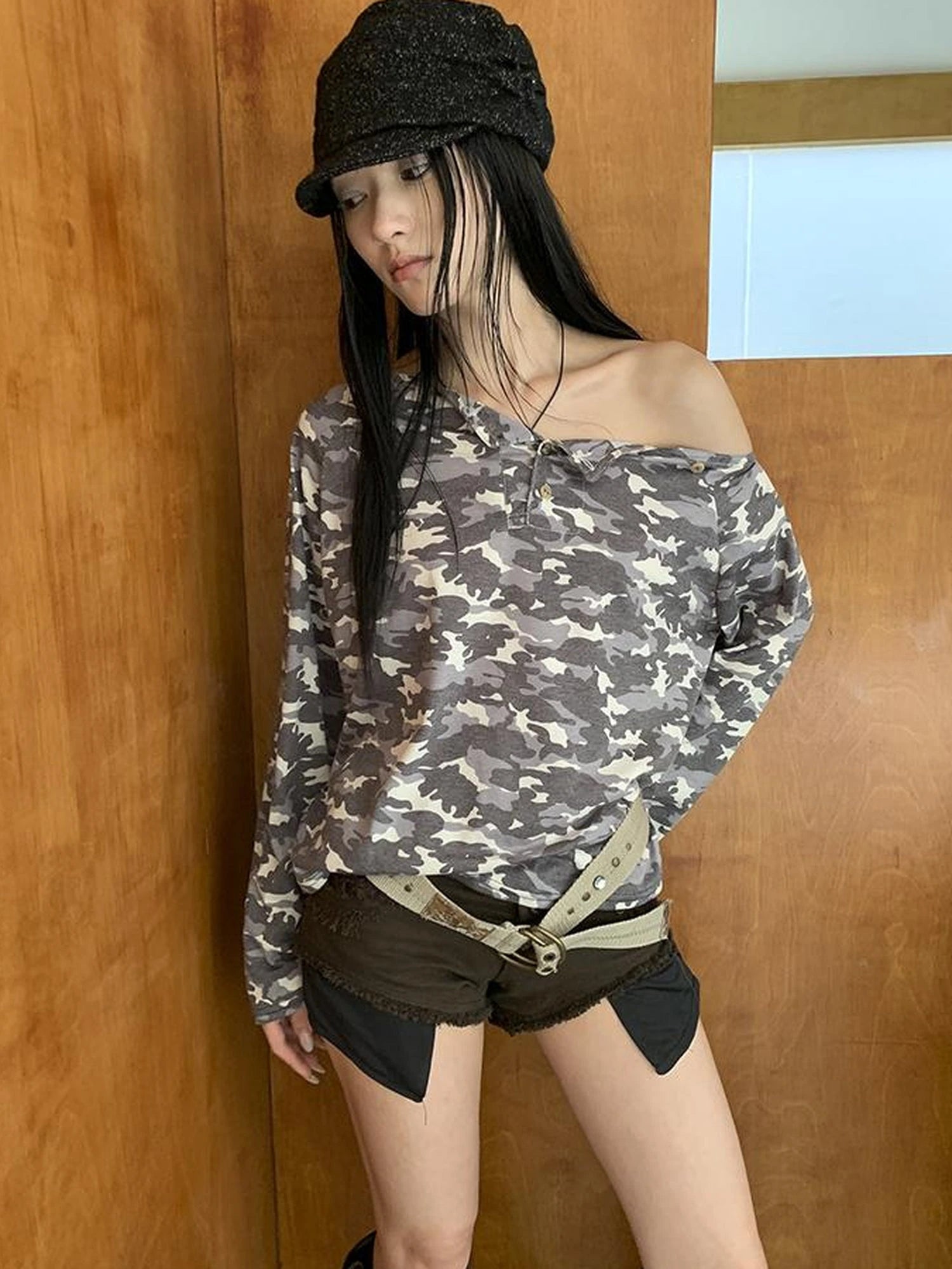 Distressed Camo Asymmetric Slit V Neck Long Sleeve T Shirt