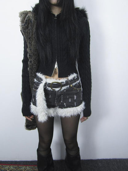ang project Distressed Denim Shorts With Frayed Hem And Fur Trim