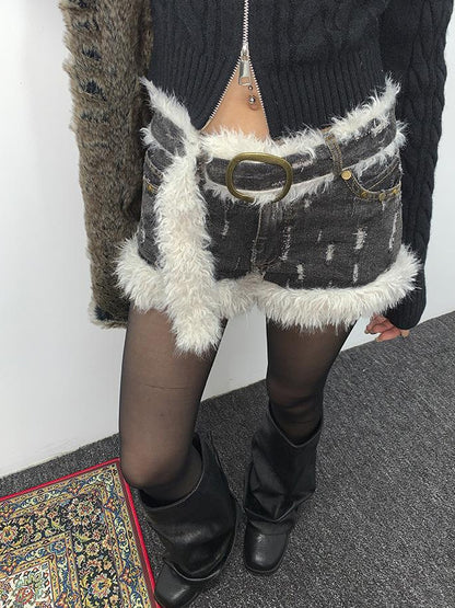 ang project Distressed Denim Shorts With Frayed Hem And Fur Trim