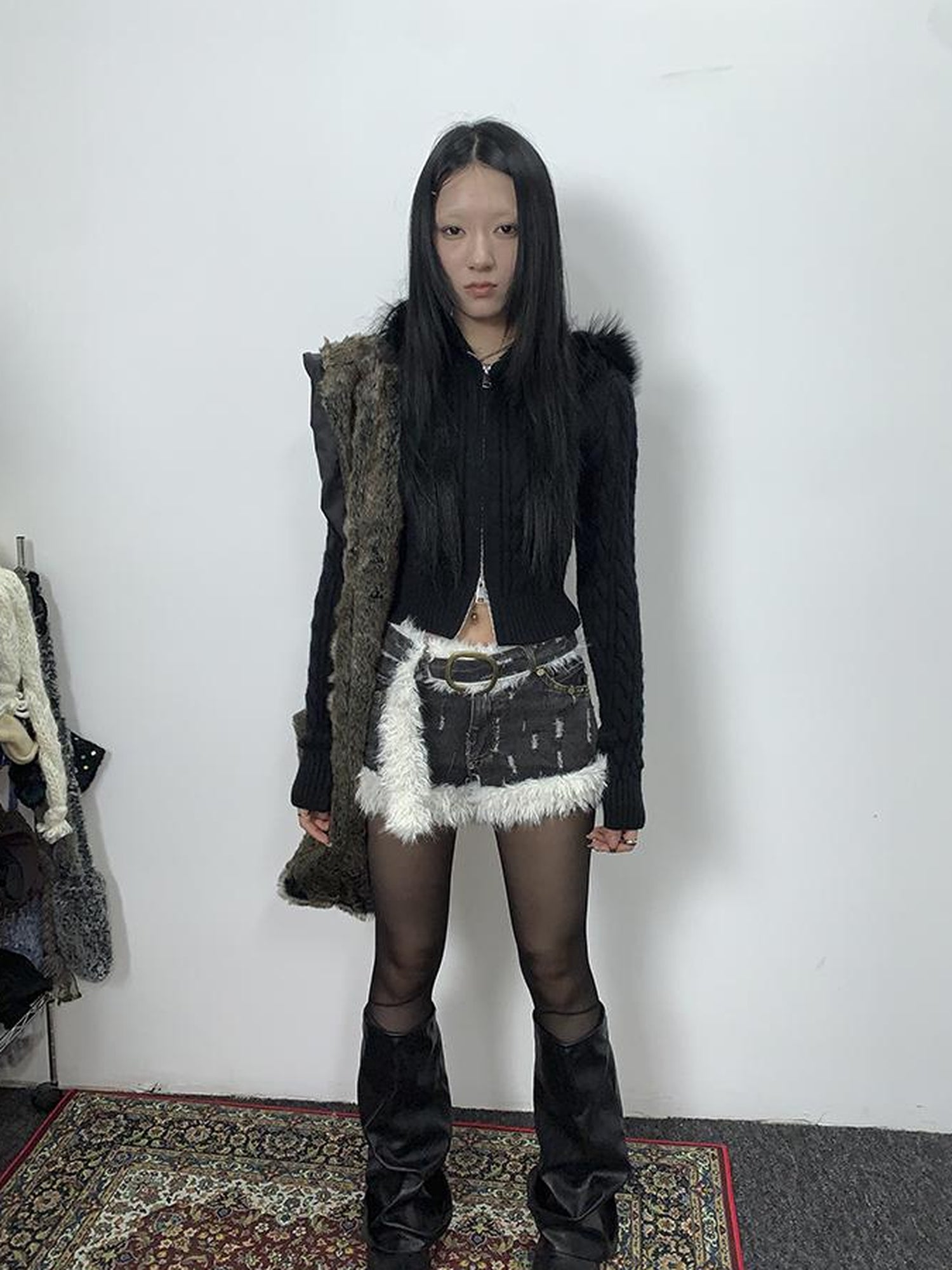 ang project Distressed Denim Shorts With Frayed Hem And Fur Trim