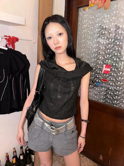 Distressed Hooded Crop Top With Off Shoulder Cutouts