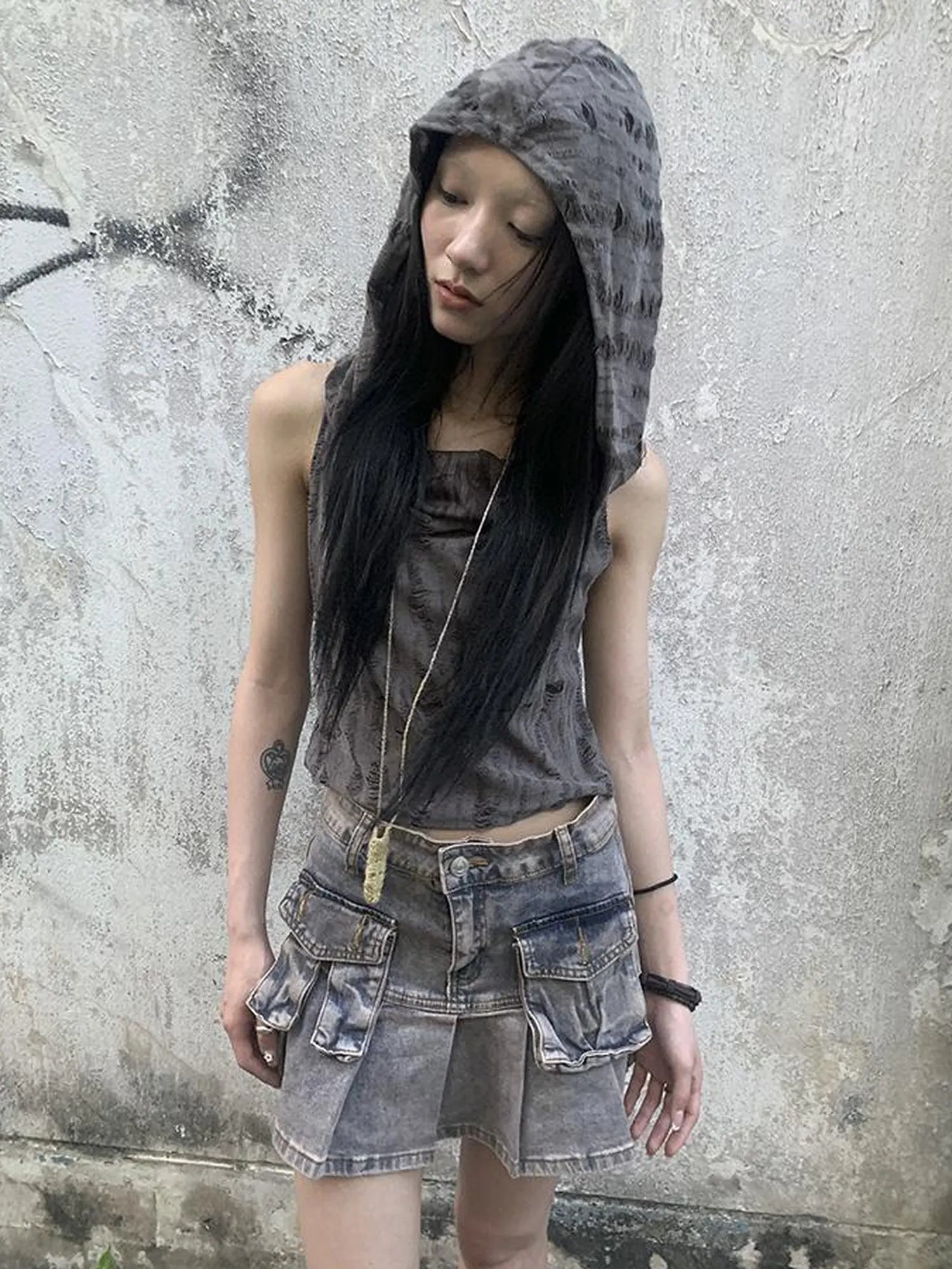 Distressed Hooded Crop Top With Off Shoulder Cutouts