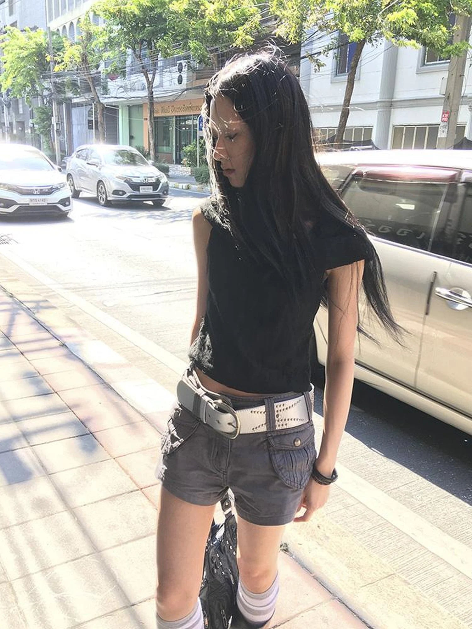 Distressed Hooded Crop Top With Off Shoulder Cutouts