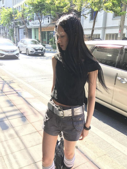 Distressed Hooded Crop Top With Off Shoulder Cutouts