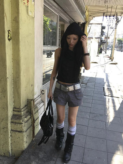 Distressed Hooded Crop Top With Off Shoulder Cutouts