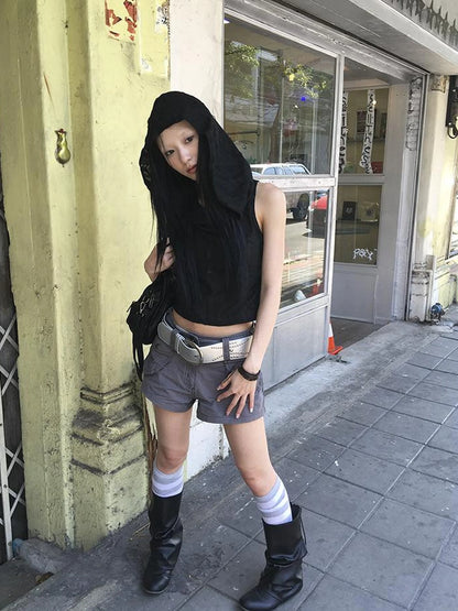 Distressed Hooded Crop Top With Off Shoulder Cutouts