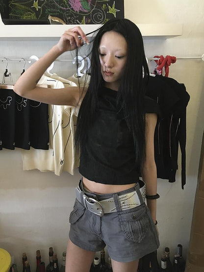 Updateang project Distressed Hooded Crop Top With Off Shoulder Cutouts