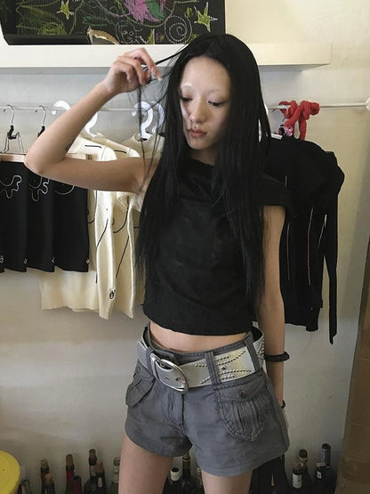 Distressed Hooded Crop Top With Off Shoulder Cutouts