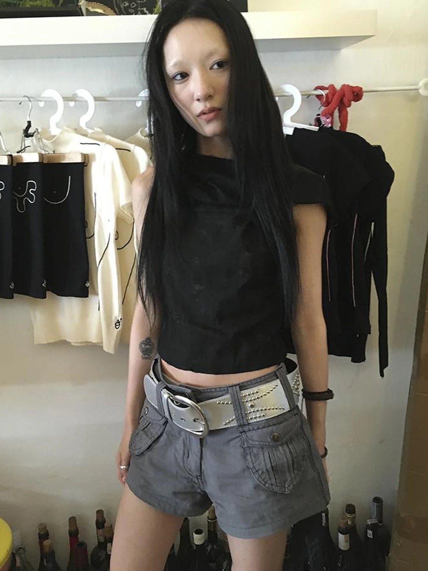 Distressed Hooded Crop Top With Off Shoulder Cutouts