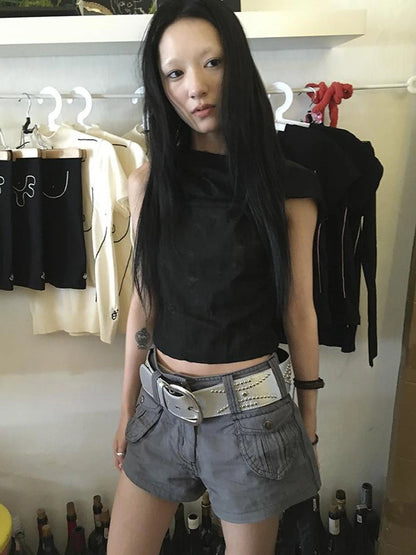 Distressed Hooded Crop Top With Off Shoulder Cutouts