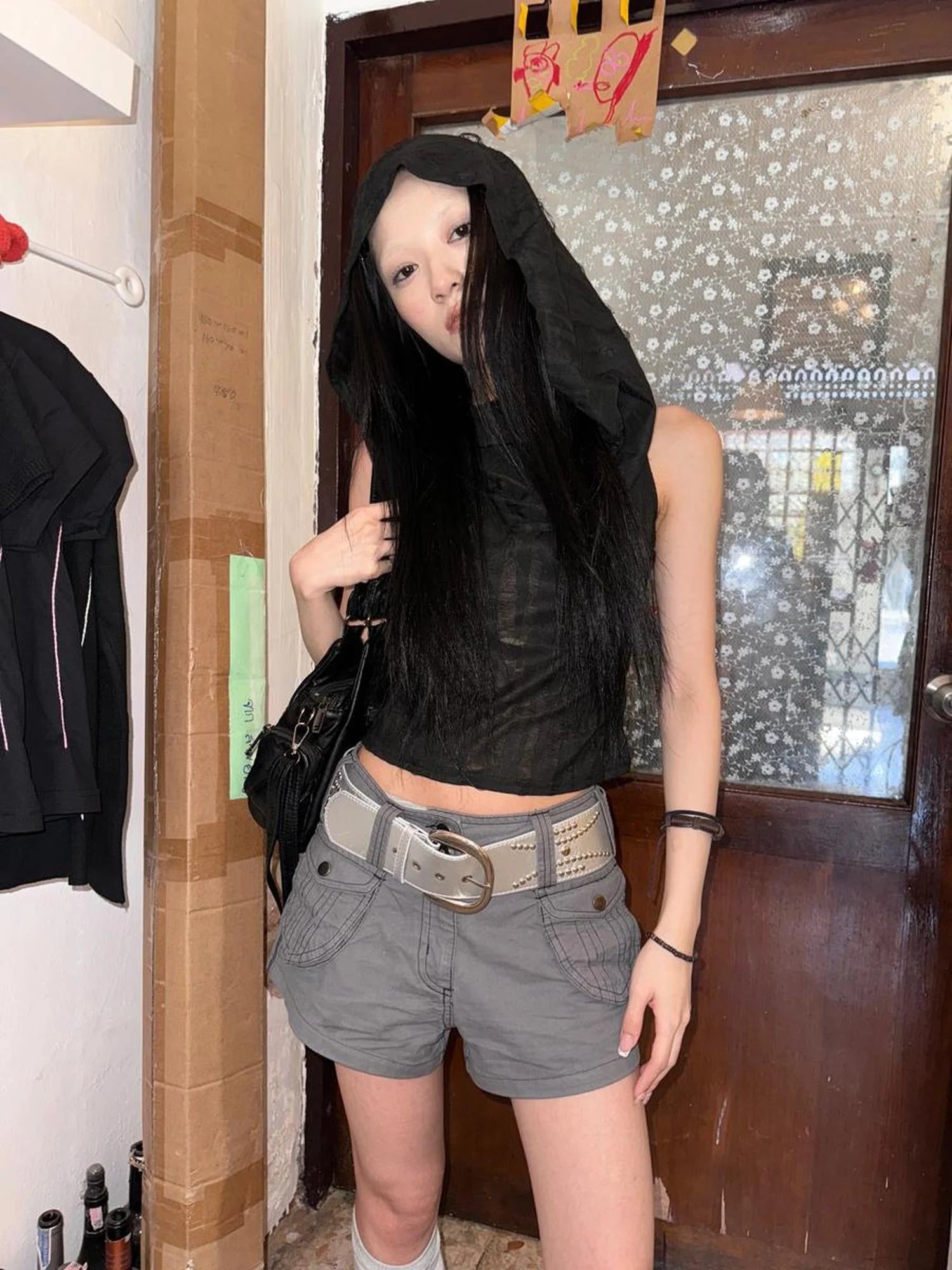 Distressed Hooded Crop Top With Off Shoulder Cutouts