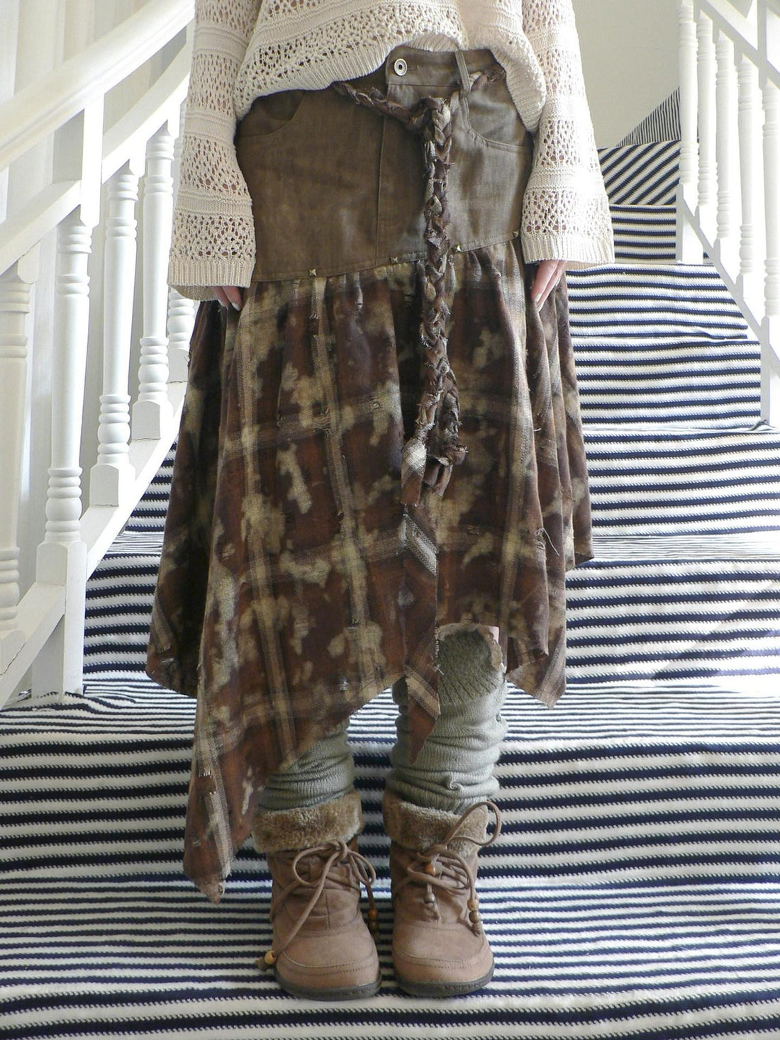 ang project Distressed Tie Dye Plaid Rivet Patchwork Asymmetric Tie Strap Women&