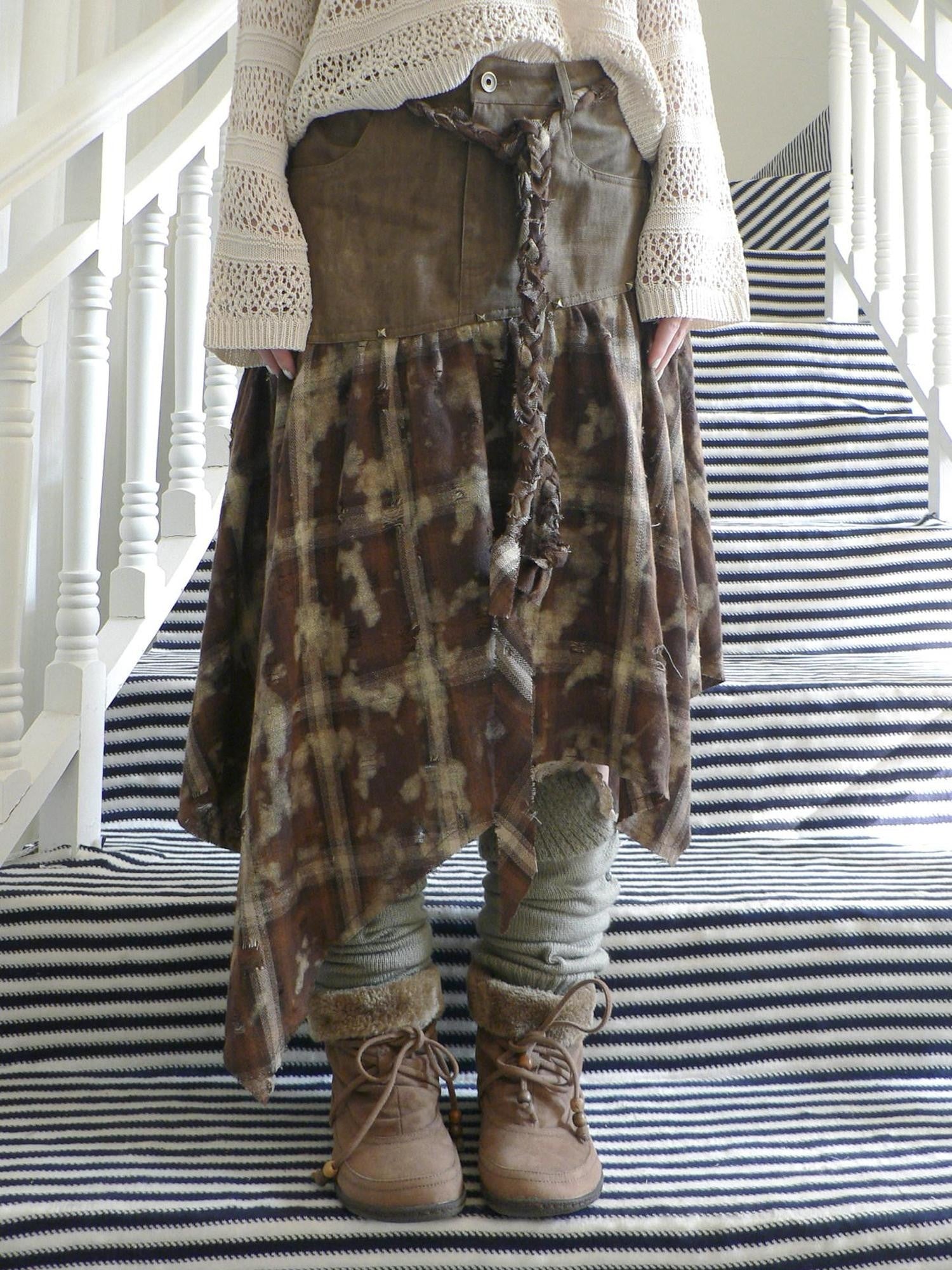 ang project Distressed Tie Dye Plaid Rivet Patchwork Asymmetric Tie Strap Women&