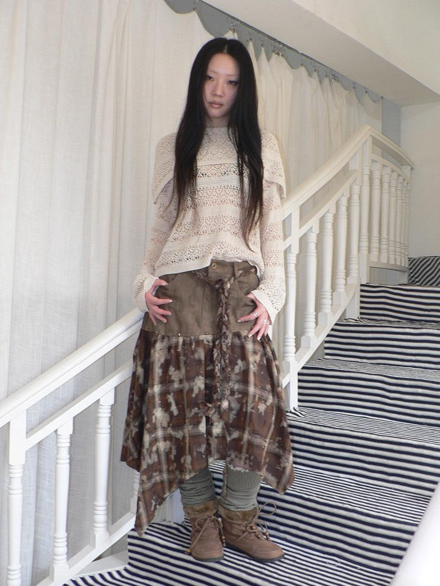 ang project Distressed Tie Dye Plaid Rivet Patchwork Asymmetric Tie Strap Women&