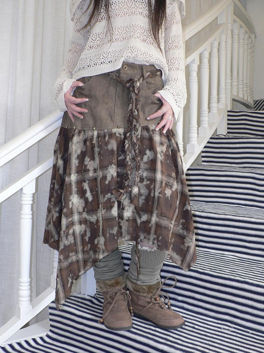 ang project Distressed Tie Dye Plaid Rivet Patchwork Asymmetric Tie Strap Women&