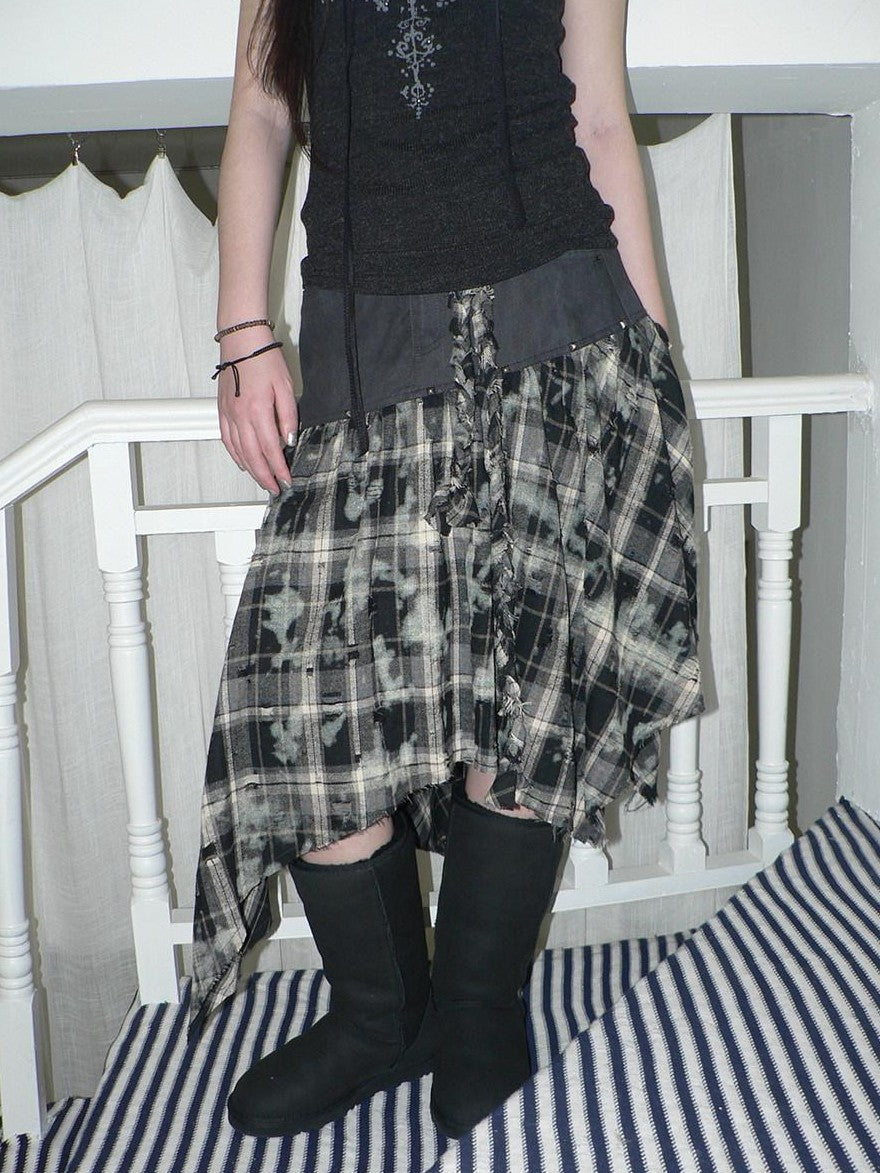 ang project Distressed Tie Dye Plaid Rivet Patchwork Asymmetric Tie Strap Women&