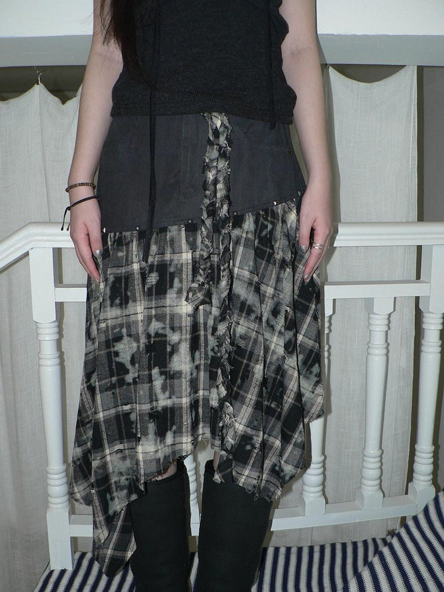 ang project Distressed Tie Dye Plaid Rivet Patchwork Asymmetric Tie Strap Women&