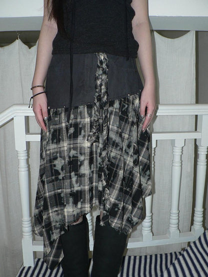 ang project Distressed Tie Dye Plaid Rivet Patchwork Asymmetric Tie Strap Women&