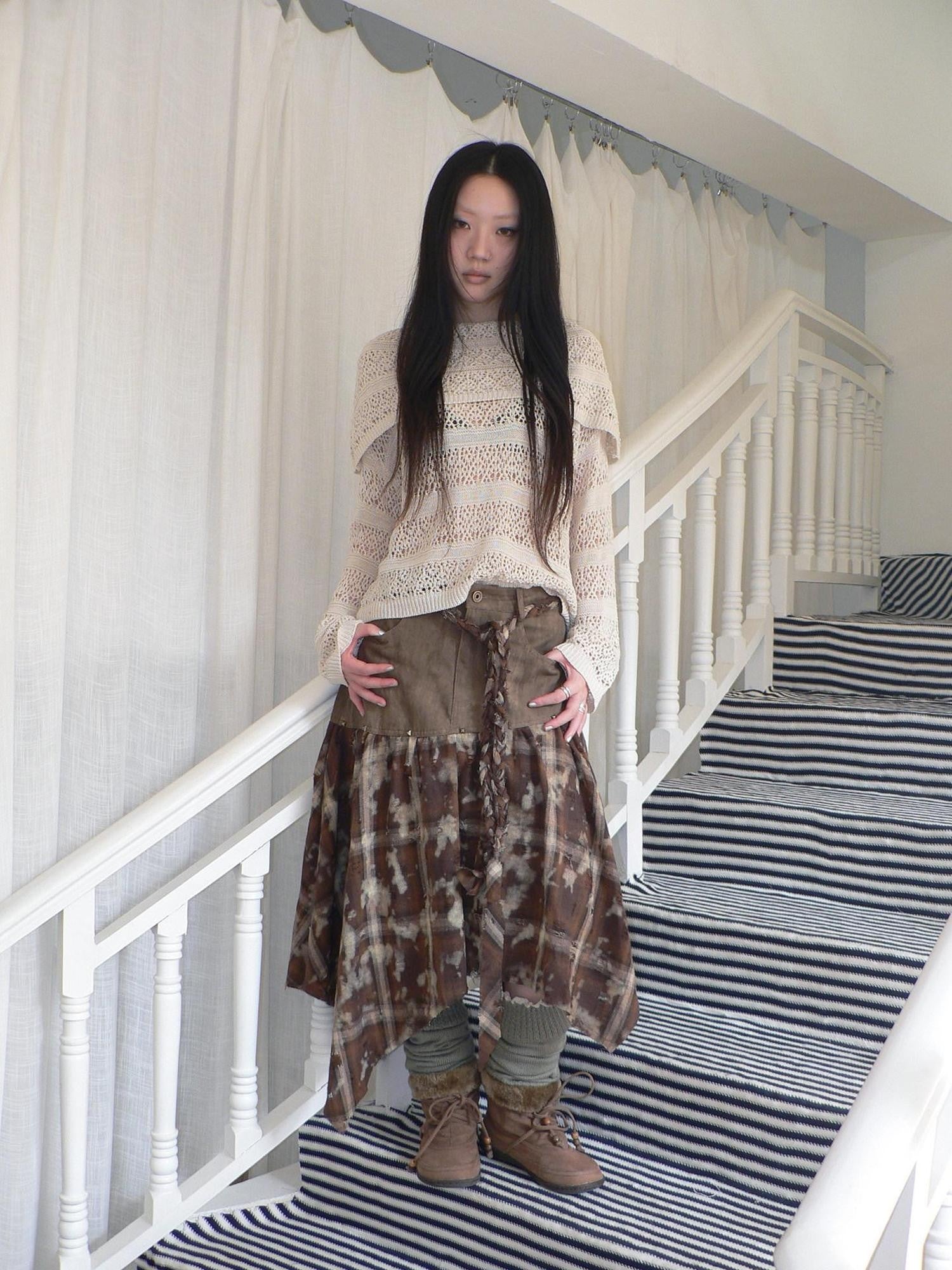 ang project Distressed Tie Dye Plaid Rivet Patchwork Asymmetric Tie Strap Women&