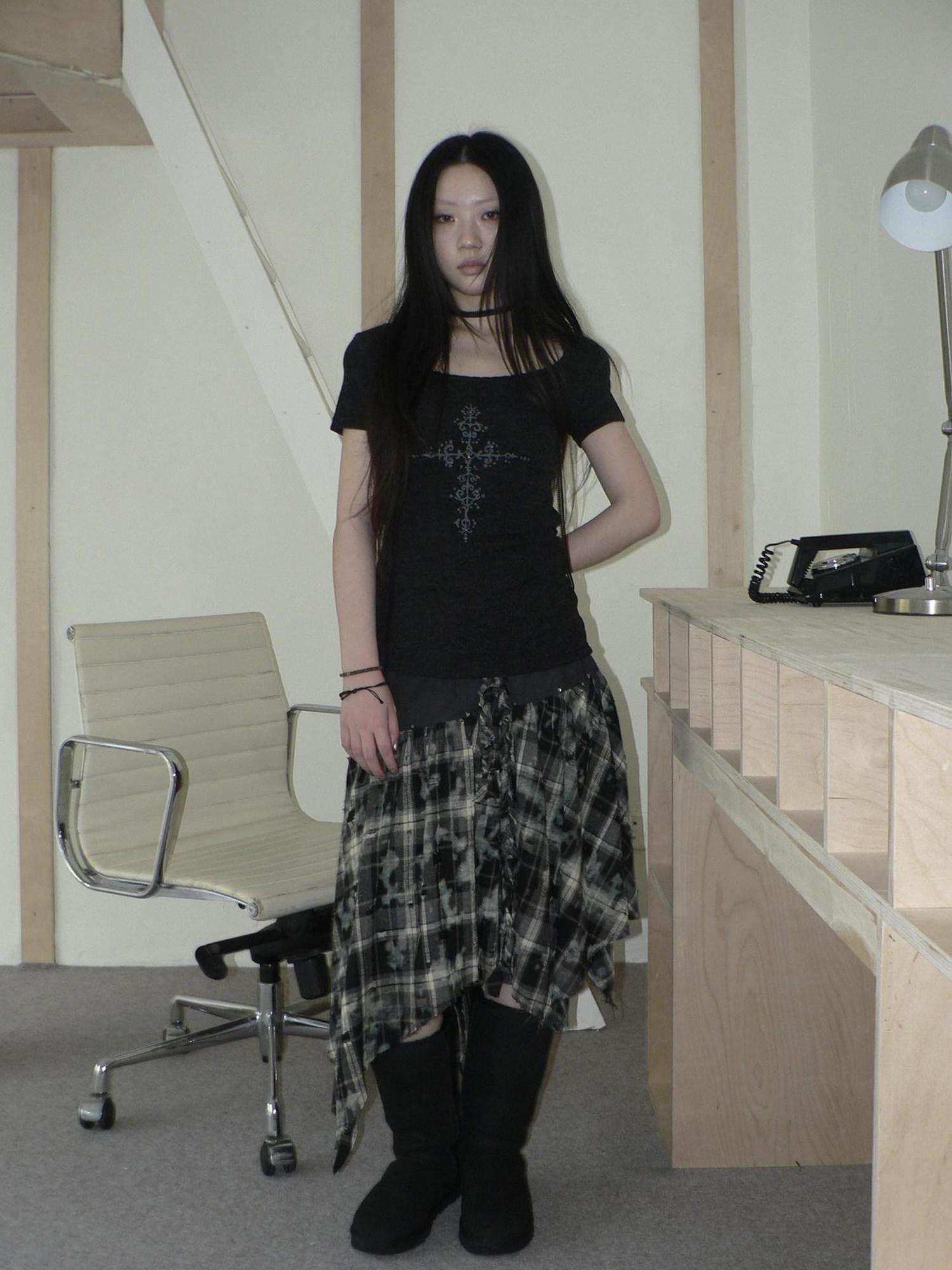 ang project Distressed Tie Dye Plaid Rivet Patchwork Asymmetric Tie Strap Women&