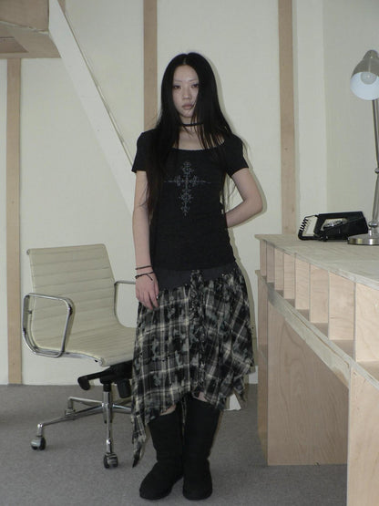 ang project Distressed Tie Dye Plaid Rivet Patchwork Asymmetric Tie Strap Women&