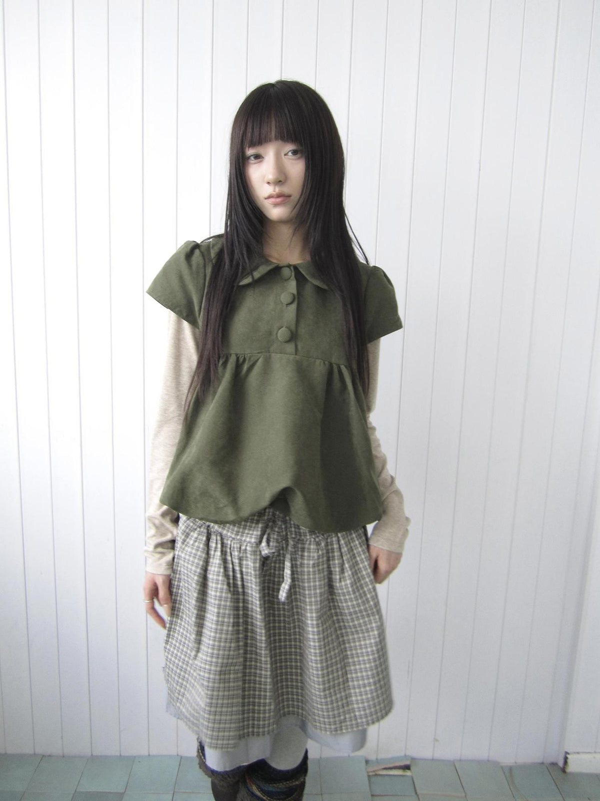 ang project Doll Collar Three Button Bubble Hem Suede Short Sleeve Solid Women&