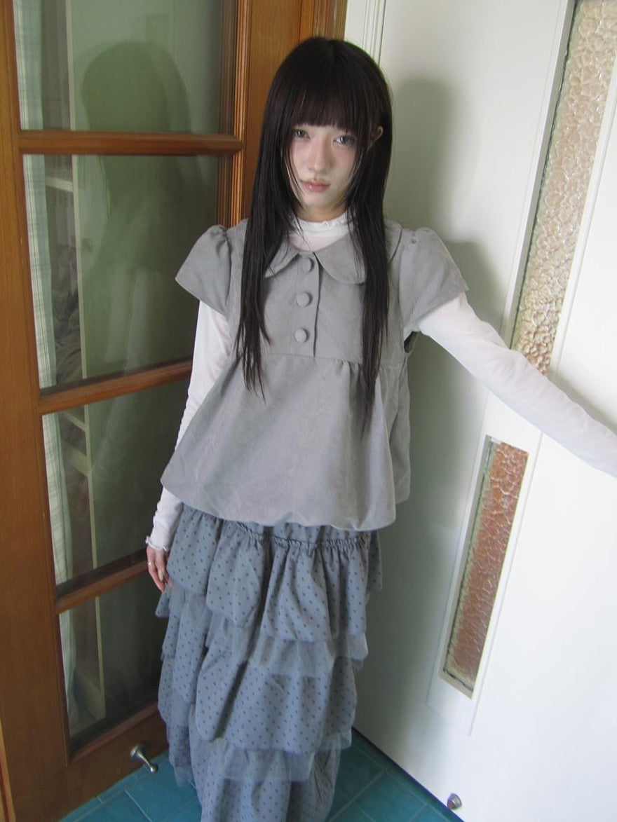 ang project Doll Collar Three Button Bubble Hem Suede Short Sleeve Solid Women&