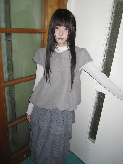 ang project Doll Collar Three Button Bubble Hem Suede Short Sleeve Solid Women&