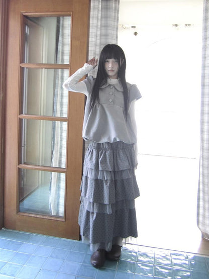 ang project Doll Collar Three Button Bubble Hem Suede Short Sleeve Solid Women&