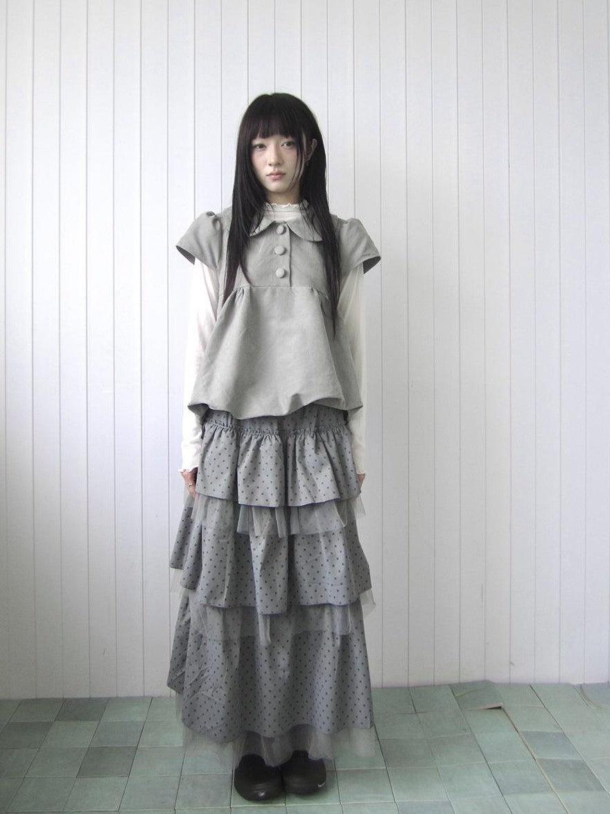 ang project Doll Collar Three Button Bubble Hem Suede Short Sleeve Solid Women&