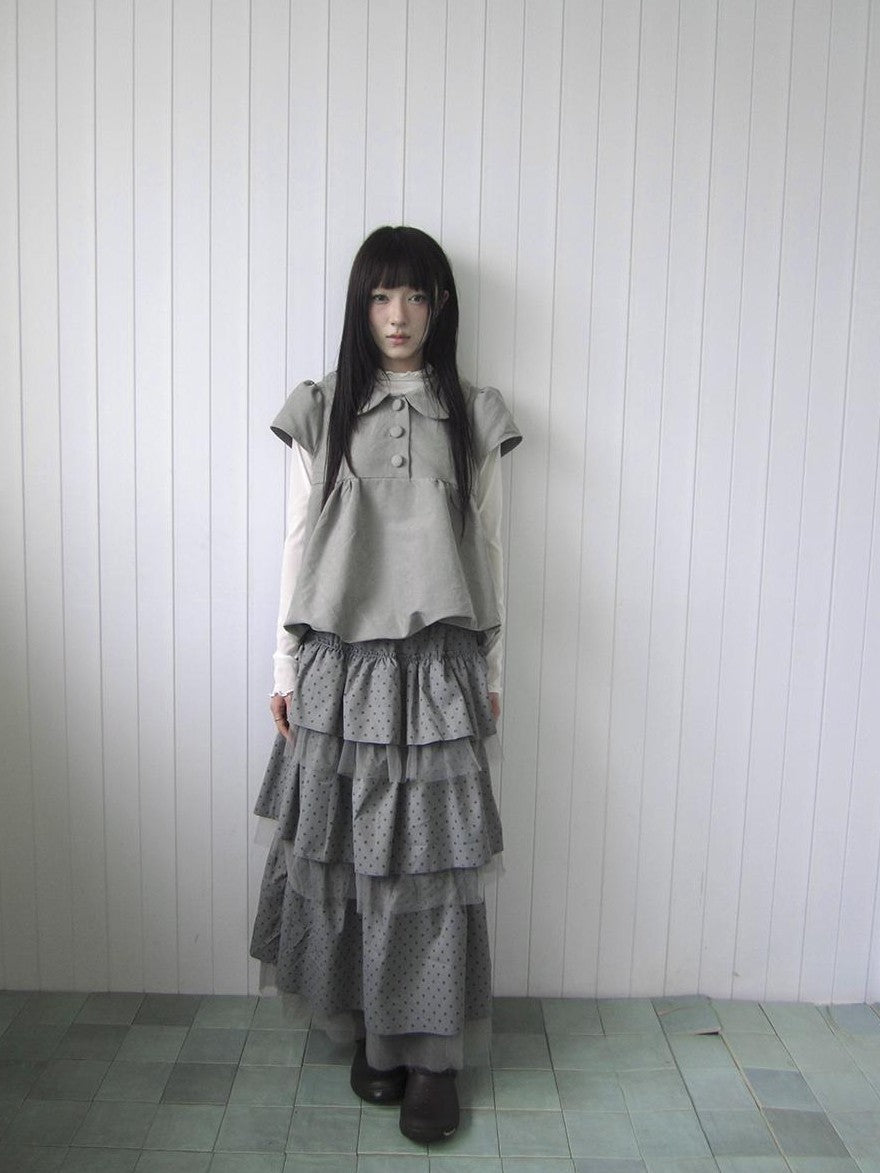 ang project Doll Collar Three Button Bubble Hem Suede Short Sleeve Solid Women&