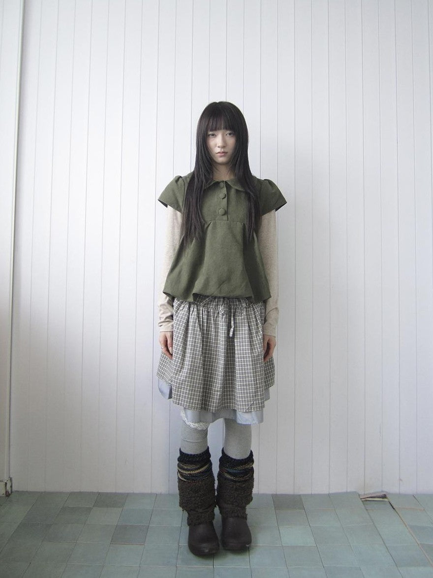 ang project Doll Collar Three Button Bubble Hem Suede Short Sleeve Solid Women&