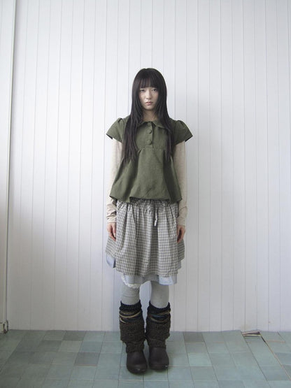 ang project Doll Collar Three Button Bubble Hem Suede Short Sleeve Solid Women&