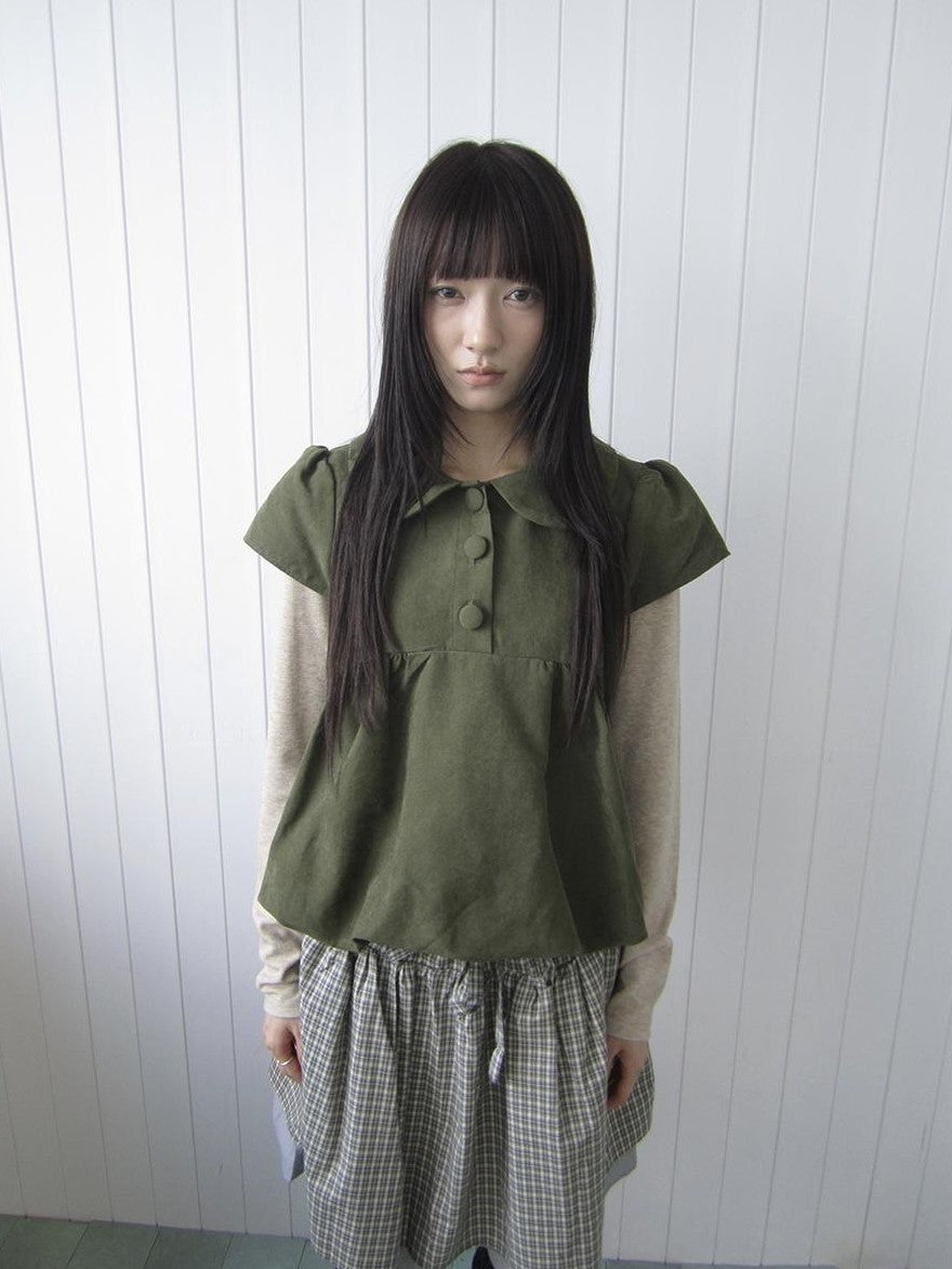 ang project Doll Collar Three Button Bubble Hem Suede Short Sleeve Solid Women&