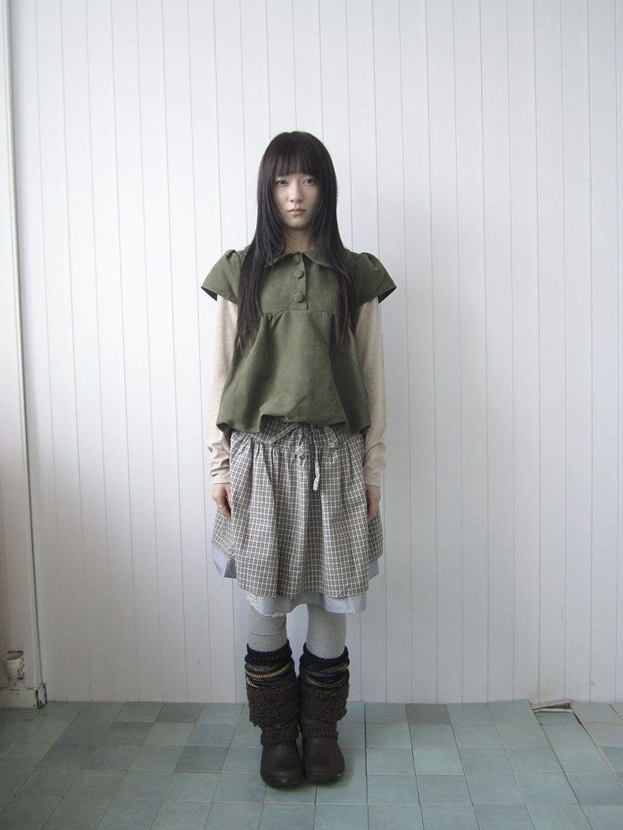 ang project Doll Collar Three Button Bubble Hem Suede Short Sleeve Solid Women&