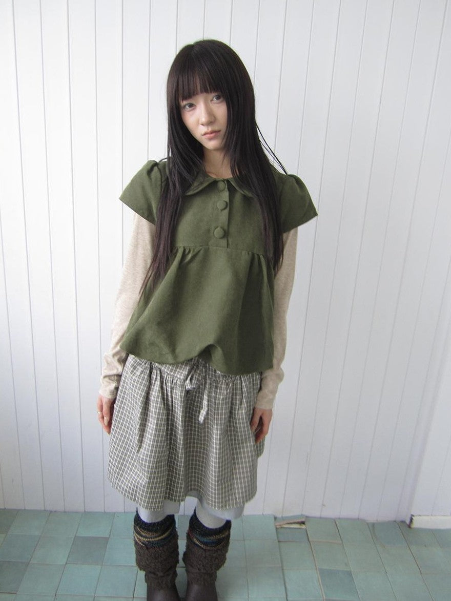 ang project Doll Collar Three Button Bubble Hem Suede Short Sleeve Solid Women&