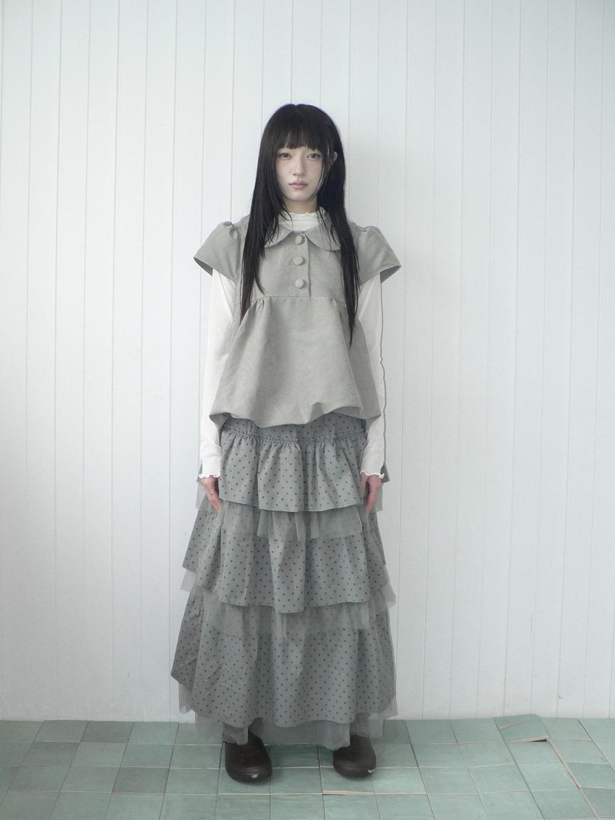 ang project Doll Collar Three Button Bubble Hem Suede Short Sleeve Solid Women&