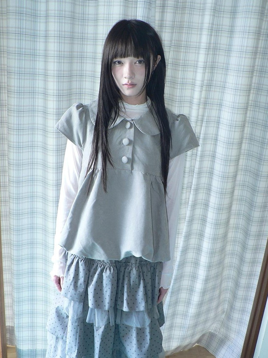 ang project Doll Collar Three Button Bubble Hem Suede Short Sleeve Solid Women&