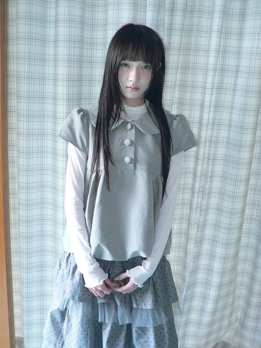 ang project Doll Collar Three Button Bubble Hem Suede Short Sleeve Solid Women&